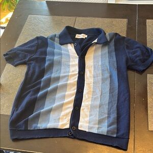 Oxknit 60S VERTICAL STRIPE KNIT SHIRT – NAVY AND SKY BLUE BUTTON-UP POLO